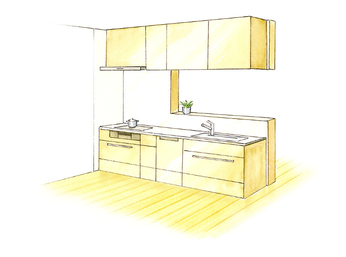 Watercolor sketch illustration of a facing kitchen