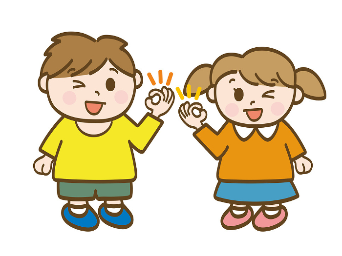 Full-body illustration of a boy and a girl winking at each other with an OK sign_Elementary_school_children_infant