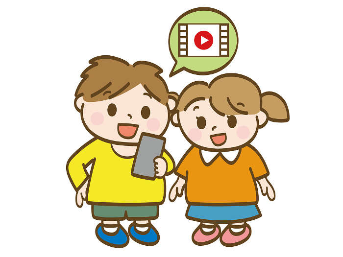 Full-body illustration of a boy and a girl watching a video on a smartphone in a friendly manner_Elementary_school_children_infant
