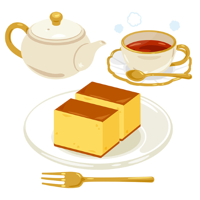 Sponge cake served on a plate with hot tea