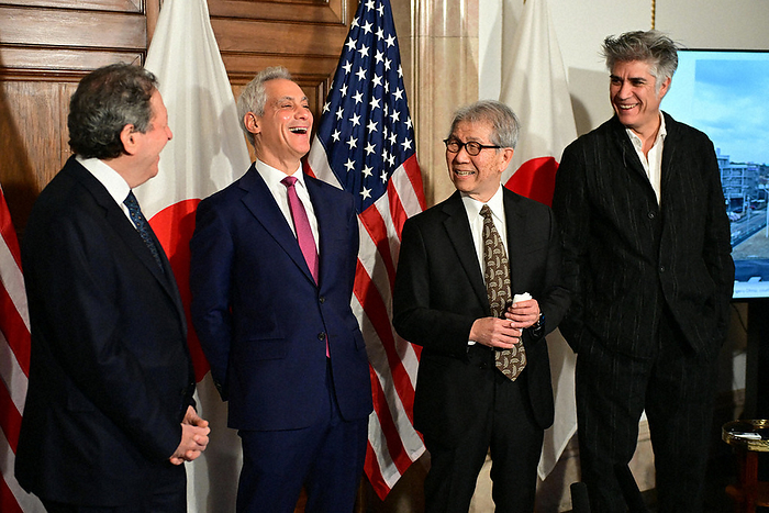 2024 Pritzker Prize awarded to Rikien Yamamoto at U.S. Ambassador s Residence U.S. Ambassador to Japan Emanuel  third from right  and others smile at architect Rikien Yamamoto  second from right , who greets them after being selected for the Pritzker Prize and asks if they are  a little better architects,  at the U.S. Ambassador s residence in Minato ku, Tokyo, March 7, 2024, 5:28 PM  photo by Natsuho Kitayama.