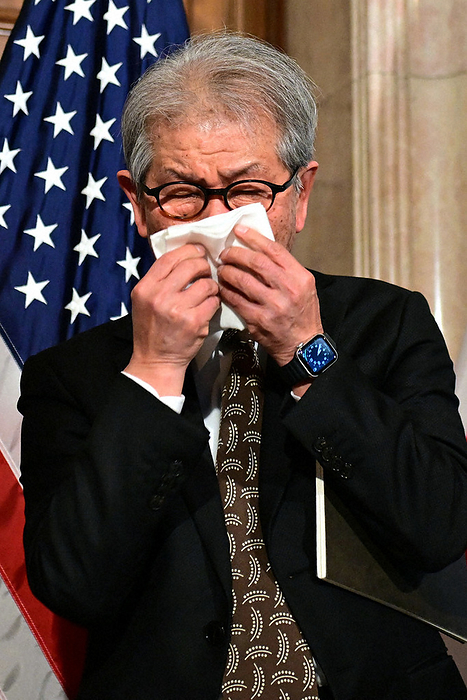 2024 Pritzker Prize awarded to Rikien Yamamoto at U.S. Ambassador s Residence Architect Rikaen Yamamoto weeps in greeting after being selected for the Pritzker Prize at the U.S. Ambassador s residence in Minato ku, Tokyo, March 7, 2024, 5:23 p.m. Photo by Natsuho Kitayama