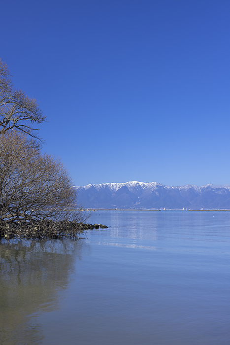 Mt. Hira, Lake Biwa and blue sky in snow, Shiga