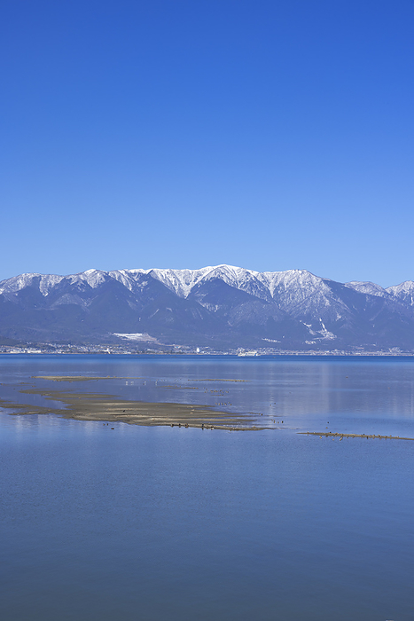 Mt. Hira, Lake Biwa and blue sky in snow, Shiga