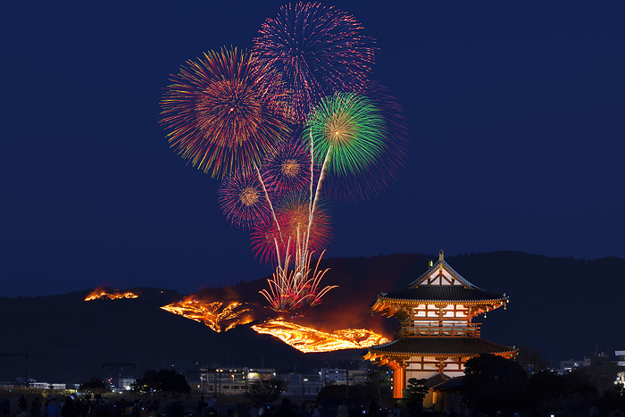Shujakumon Gate at the Heijo Palace Site, Mt. Wakakusa, Nara, and Fireworks