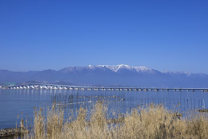 Lake Biwa Bridge, Mt. Hira with Eri and snow, Shiga