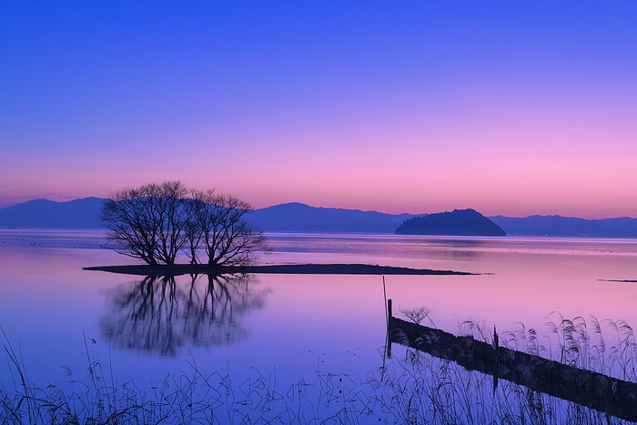 Shiga Prefecture, Lake Biwa and Chikubu Island at sunset