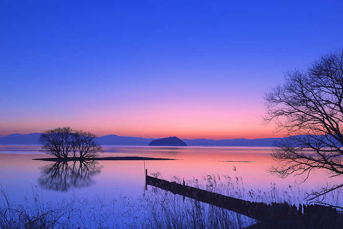 Shiga Prefecture, Lake Biwa and Chikubu Island at sunset