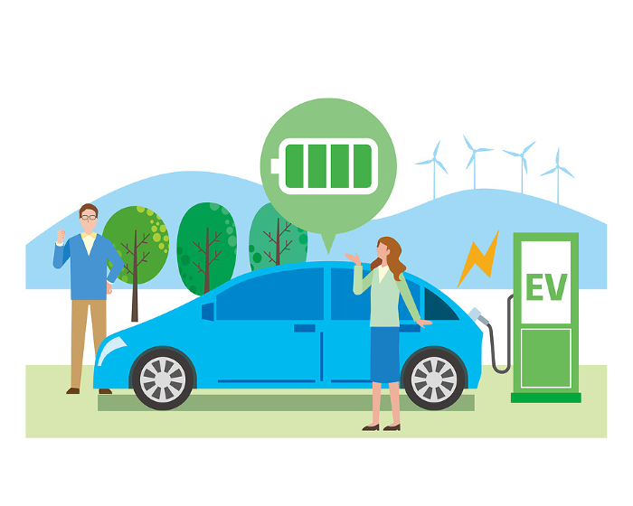 Clip art of man and woman with electric car