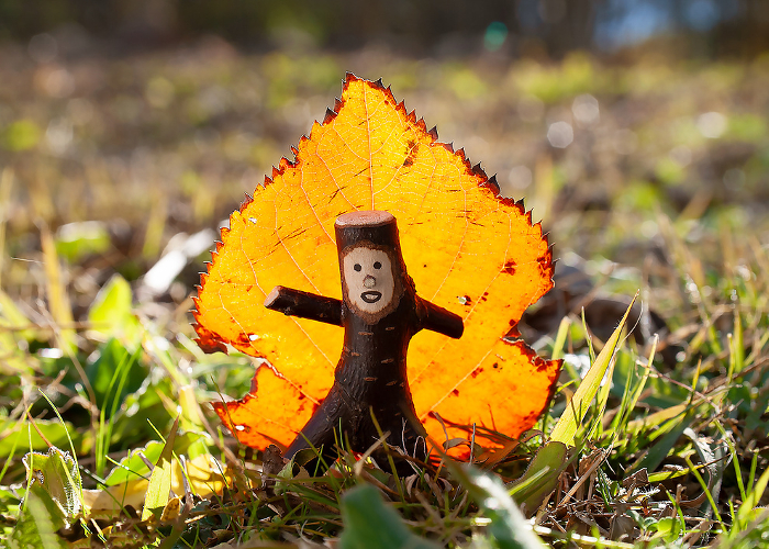 In the fall, dancing in front of orange leaves, a little tree fairy (photo of a wooden doll I made).
