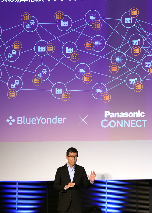 Panasonic Connect and Rapyuta Robotics display a warehouse logistics solution March 8, 2024, Tokyo, Japan   Panasonic Holdings  subsidiary Panasonic Connect president Yasuyuki Higuchi speaks as the company and Rapyuta Robotics display a warehouse logistics solution with robots at the Panasonic Connect headquarters in Tokyo on Friday, March 8, 2024. Panasonic Connect and Rapyuta Robotics will collaborate to launch the warehouse logistics solutions in Japanese market in this year.     photo by Yoshio Tsunoda AFLO 
