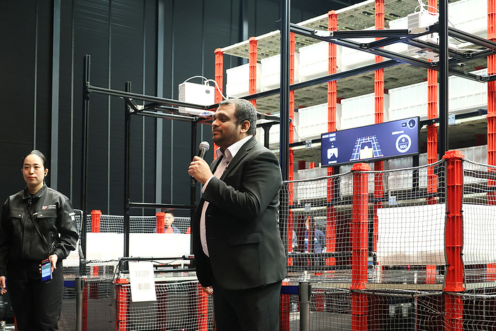 Panasonic Connect and Rapyuta Robotics display a warehouse logistics solution March 8, 2024, Tokyo, Japan   Japan s robot venture Rapyuta Robotics founder and CEO Gajan Mohanarajah displays a warehouse logistics solution with robots at the Panasonic Connect headquarters in Tokyo on Friday, March 8, 2024. Panasonic Connect and Rapyuta Robotics will collaborate to launch the warehouse logistics solutions in Japanese market in this year.     photo by Yoshio Tsunoda AFLO 