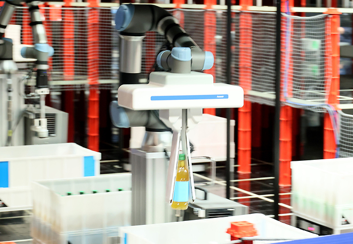 Panasonic Connect and Rapyuta Robotics display a warehouse logistics solution March 8, 2024, Tokyo, Japan   Panasonic Connect and Rapyuta Robotics display a warehouse logistics solution with robots at the Panasonic Connect headquarters in Tokyo on Friday, March 8, 2024. Panasonic Connect and Rapyuta Robotics will collaborate to launch the warehouse logistics solutions in Japanese market in this year.     photo by Yoshio Tsunoda AFLO 