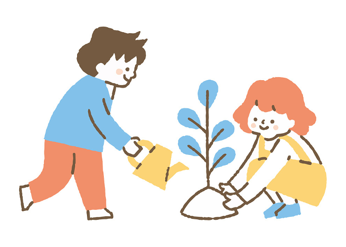 Boy and girl about to plant a tree seedling_Color