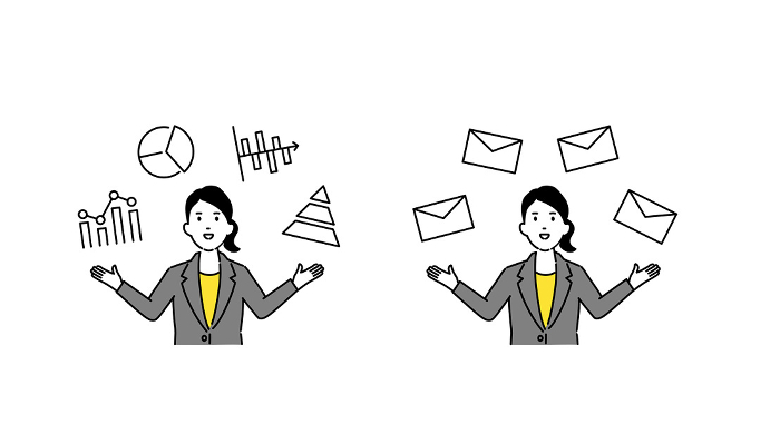 Illustration of a smiling woman dealing with data and e-mail, vector
