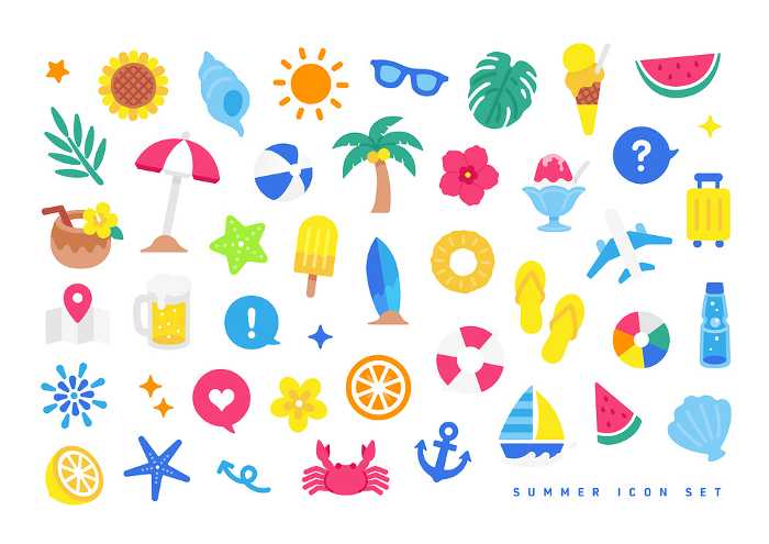 A must-have item for summer. Pop and colorful illustrations. A set of simple, cute icons.