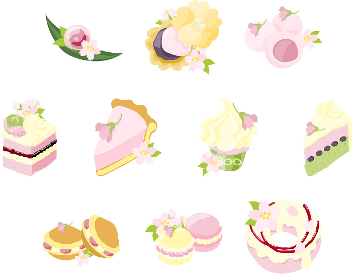 Cute and delicious looking cherry blossom sweets icons such as dorayaki, macaroons and doughnuts.