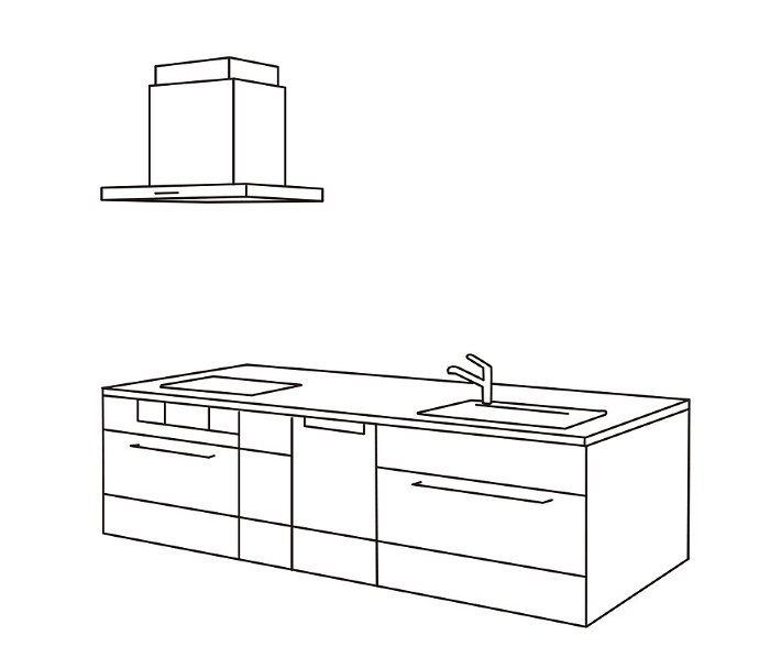 Line drawing of island system kitchen Line perspective