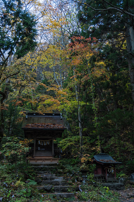 Kumano Shrine and autumn leaves of Towada Shrine surrounded by forest on the shore of Lake Towada in Okuse-Towada, Towada City, Aomori, Japan