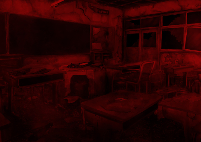 Red illustration of an abandoned, dilapidated classroom