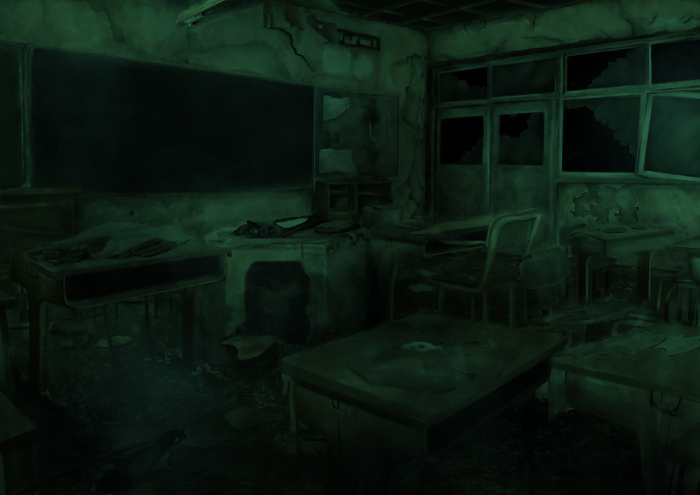 Green illustration of an abandoned, dilapidated classroom