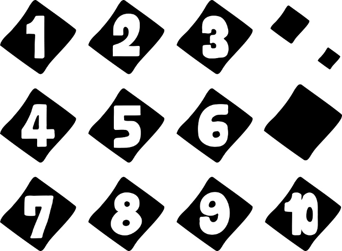 Set of diamonds and hand-drawn illustrations of numbers 1 to 10