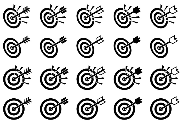 Vector illustration set of bow and arrow, target, jackpot, and hit target