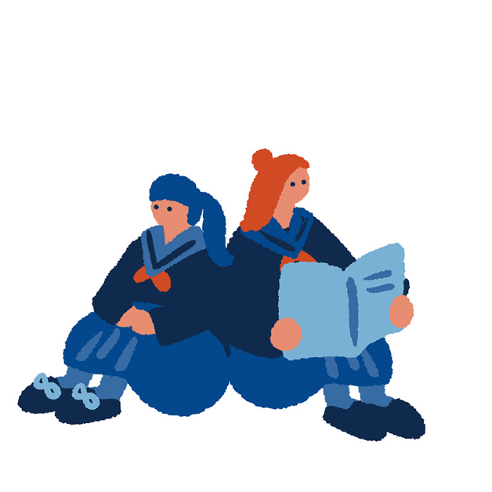 Simple, flat illustration of a child in uniform sitting back-to-back