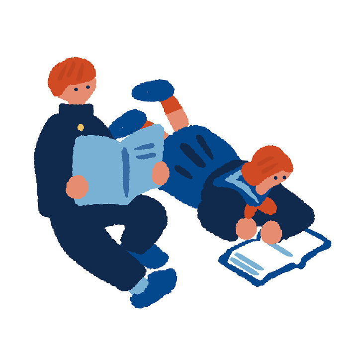 Simple, flat illustration of a child in uniform studying.