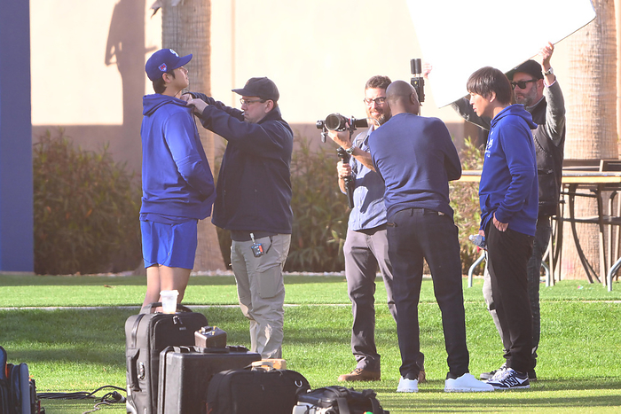 2024 MLB Dodgers Camp March 11, 2024 Dodgers Camp Day 30 Shohei Ohtani  left  prepares to be interviewed Location   Camelback Ranch, Arizona,