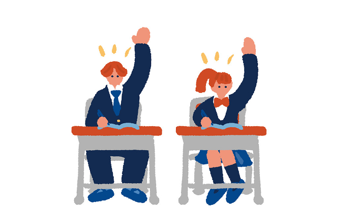 Simple, flat illustration of a student in uniform raising his hand.
