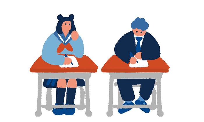 Simple, flat illustration of a student in uniform studying.