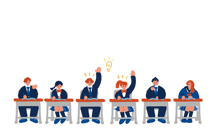 Simple, flat illustration of a student in uniform in class raising his hand.