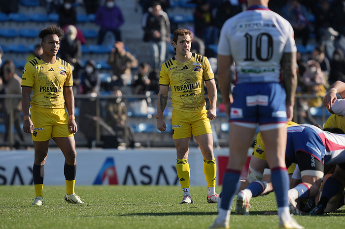 2023 24 Japan Rugby League One Sungoliath s Nicolas Sanchez  L  and Kotaro Matsushima during the 2023 24 Japan Rugby League One match between Tokyo Suntory Sungoliath and Hanazono Kintetsu Liners at Prince Chichibu Memorial Stadium in Tokyo, Japan on March 9, 2024.  Photo by AFLO 