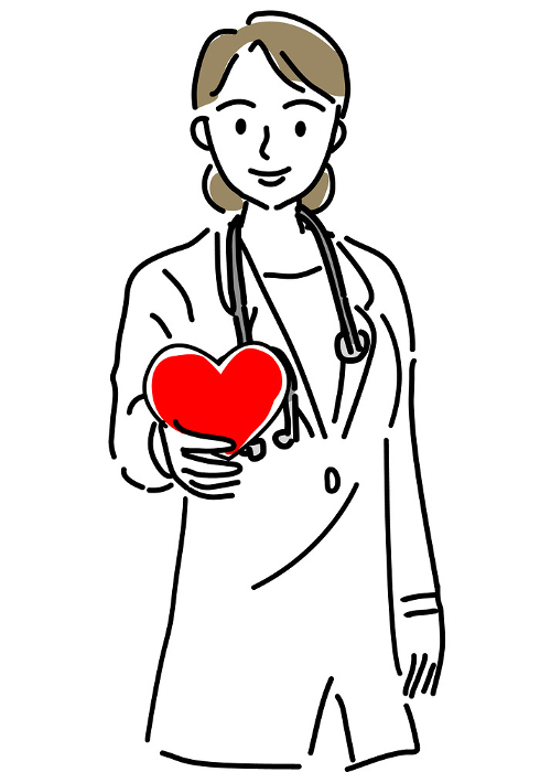 Simple line drawing of a female doctor with a smile and a heart mark