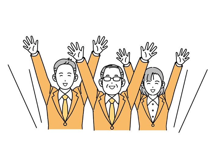 Illustration of a middle-aged office worker and his co-workers making a Hail Mary.