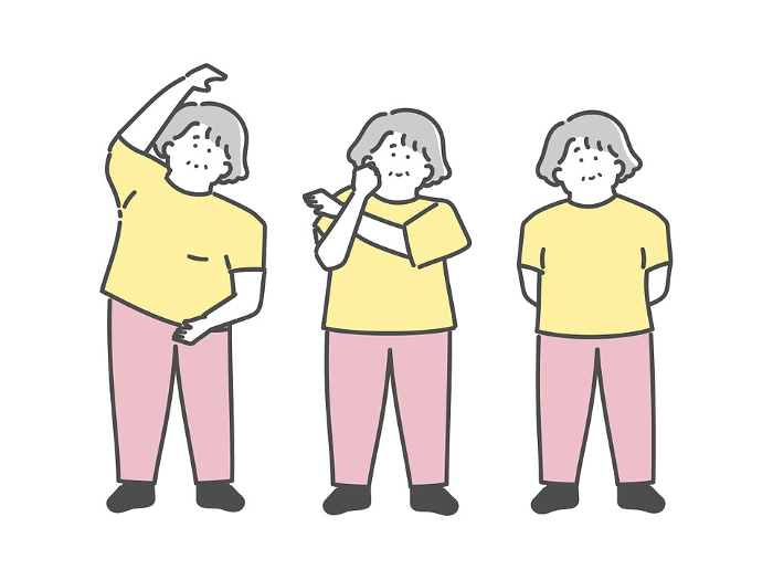 Illustration set of female elderly person doing exercise (stretching)
