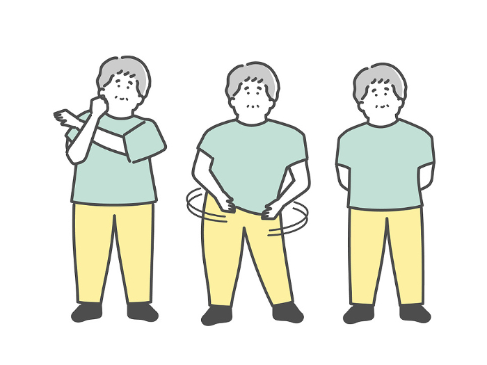 Illustration set of male elderly person doing exercise (stretching)