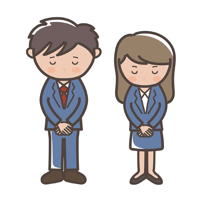 Clip art of male and female businessmen bowing, bowing, and apologizing.