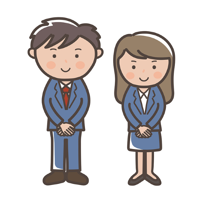 Clip art of male and female businessmen and women standing with folded hands facing front_navy blue suit