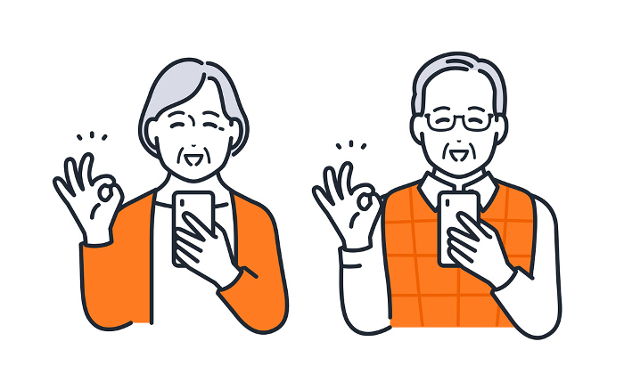 Simple vector illustration of a senior couple holding a smartphone and signing OK.