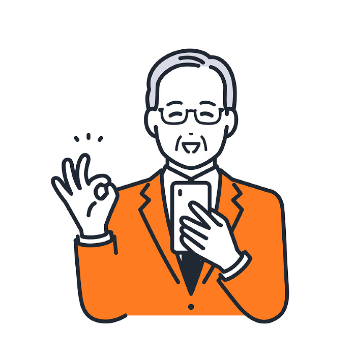 Simple vector illustration of a CEO holding a smartphone and signing OK