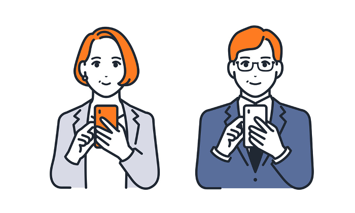Simple vector illustration set of middle man and woman smiling and operating smartphone.