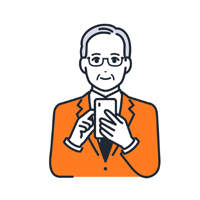 Simple vector illustration of a smiling CEO operating a smartphone.