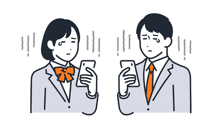 Simple vector illustration of a sad student looking at a smartphone.