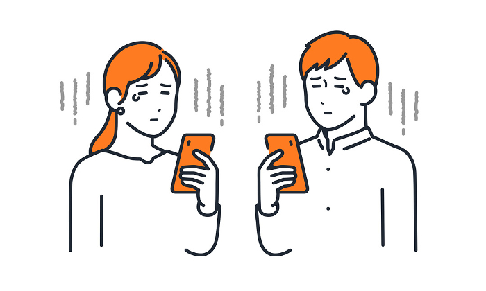 Simple vector illustration of a sad young man and woman looking at a smartphone.