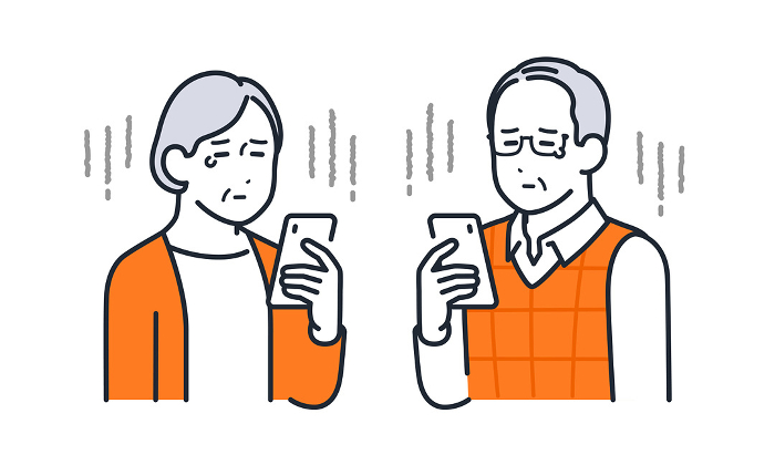 Simple vector illustration of a senior couple looking sadly at a smartphone.
