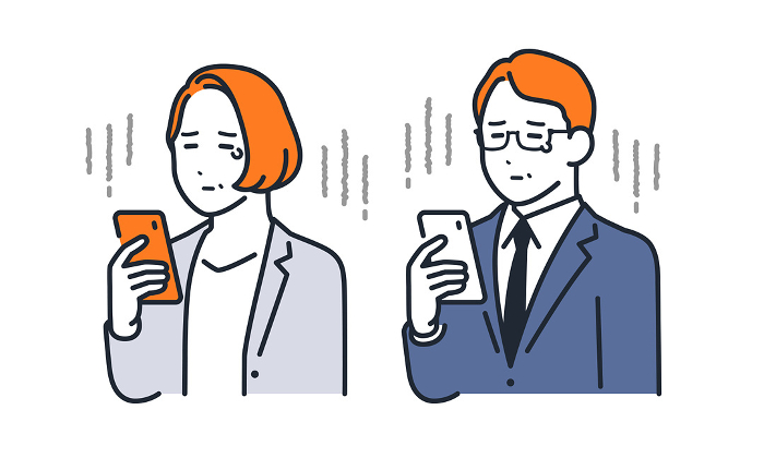 Simple vector illustration set material of middle office worker sad looking at smartphone.
