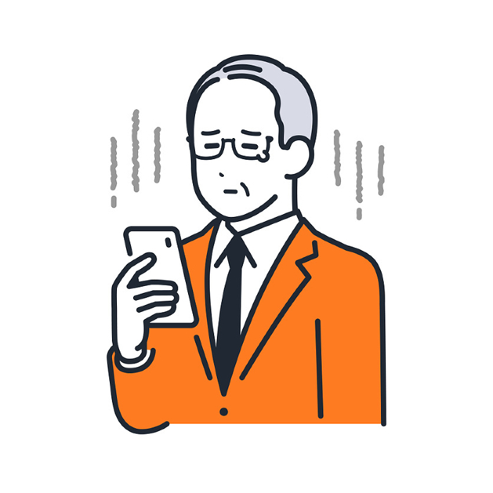 Simple vector illustration of a sad president looking at his smartphone.