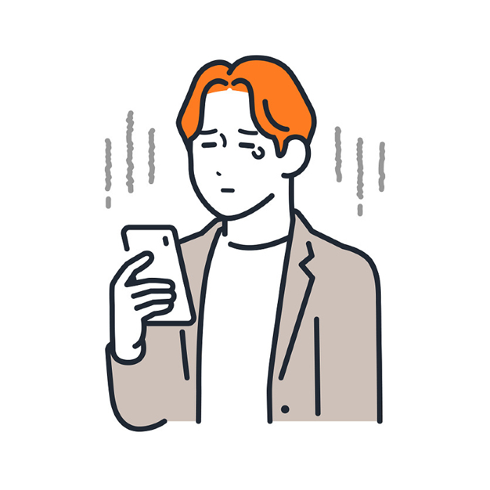Simple vector illustration of a sad young man looking at his smartphone.